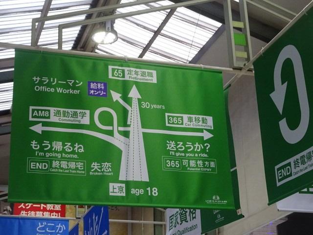高田馬場駅に掲示された「サラリーマン人生チャート」(？)。実は自動車教習所の垂れ幕広告だった＝都内