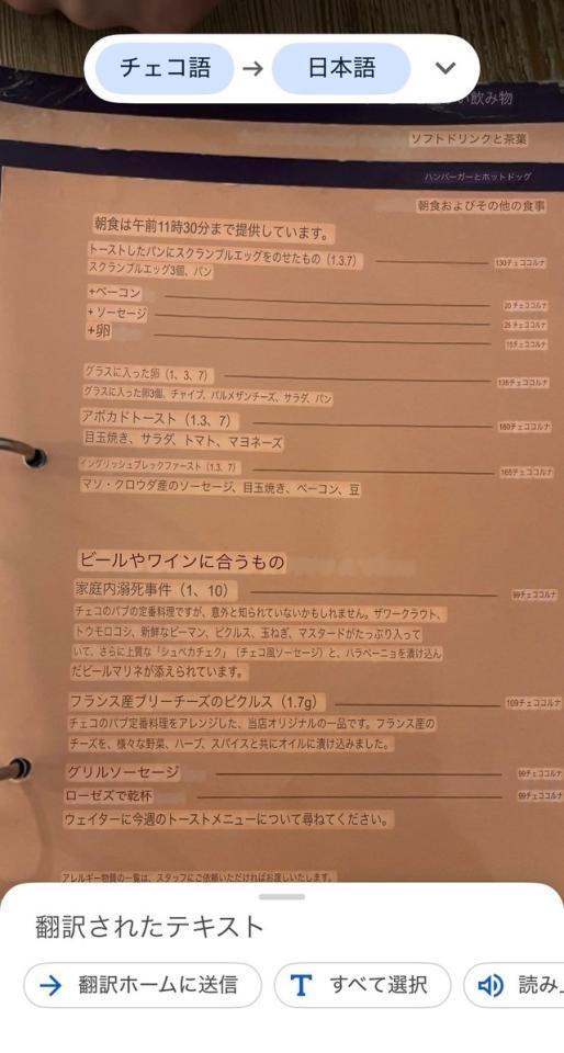 チェコ語のメニューに翻訳アプリを使用した結果、表示されたのは「家庭内溺死事件」！？／大久保光さん（@hikari_No78）提供