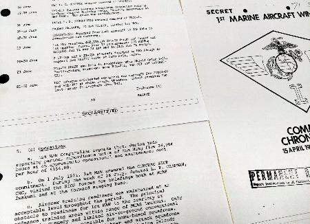 　米軍岩国基地に司令部があった第１海兵航空団の記録のコピーの一部。１９７１年７月１日に米国の核戦争計画に組み込まれたことなどが記されている