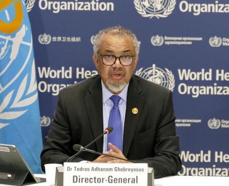 　スイス・ジュネーブでの記者会見するＷＨＯのテドロス事務局長＝８月