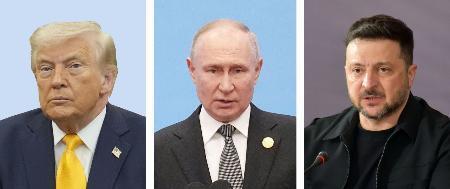 　左からトランプ米大統領、ロシアのプーチン大統領、ウクライナのゼレンスキー大統領