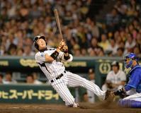 8回、自打球を左足に当て転倒する西岡(撮影・保田叔久)