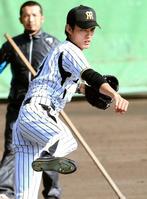 投内連係で8本歯のスパイクを履いて一塁へ送球する藤浪(撮影・田中太一)