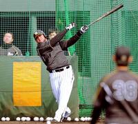 屋外でのフリー打撃で力強いスイングをみせるゴメス(撮影・田中太一)