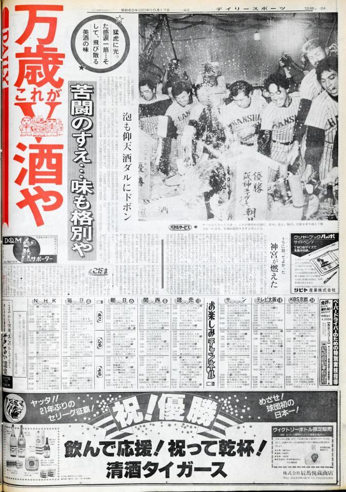 阪神２１年ぶりの優勝を伝えるデイリースポーツ＝１９８５年１０月１７日付