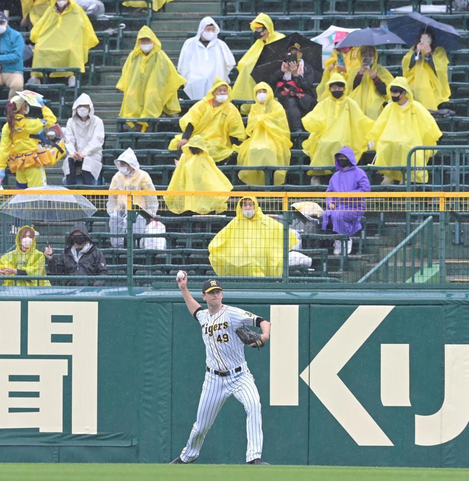 試合前、雨の中キャッチボールする阪神　ジョー・ガンケル＝甲子園（撮影・高部洋祐）