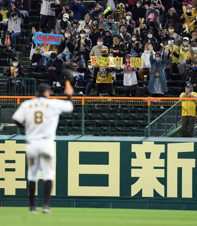 　佐藤輝は甲子園で初本塁打を放ちファンの声援に応える（撮影・山口登）