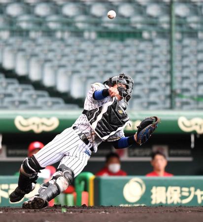 　６回、坂倉が空振り三振したボールを素早く一塁へ送球してアウトにする梅野（撮影・北村雅宏）