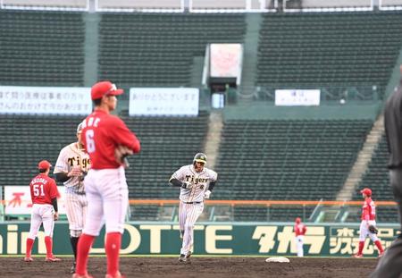 　５回、満弾を放った佐藤輝は無観客のライトスタンドを背にゆっくりと三塁へ走る（撮影・田中太一）