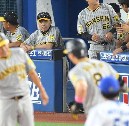 　１０回、勝ち越しとなる右越えソロを放った佐藤輝（手前）を見つめる岡田監督（撮影・伊藤笙子）