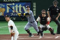 １回、先制ソロを放つ佐藤輝（撮影・金田祐二）