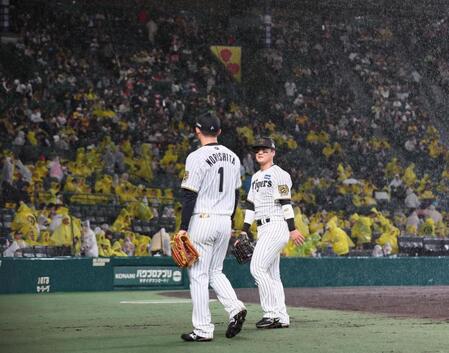 　３回途中、降雨のため試合が中断となり、ベンチに戻る（右から）前川、森下（撮影・北村雅宏）