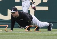 　腕立て伏せをする佐藤輝（撮影・田中太一）