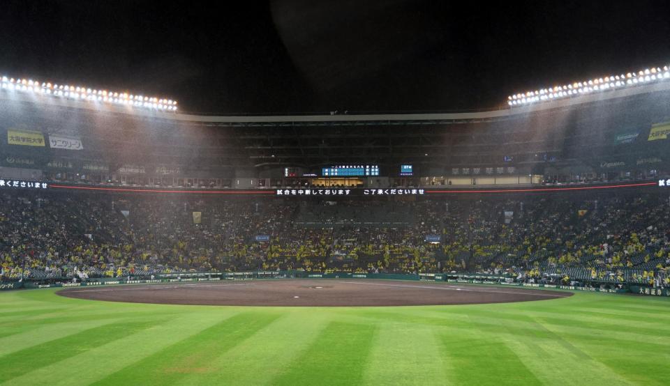 　雨で試合が一時中断する（撮影・山口登）