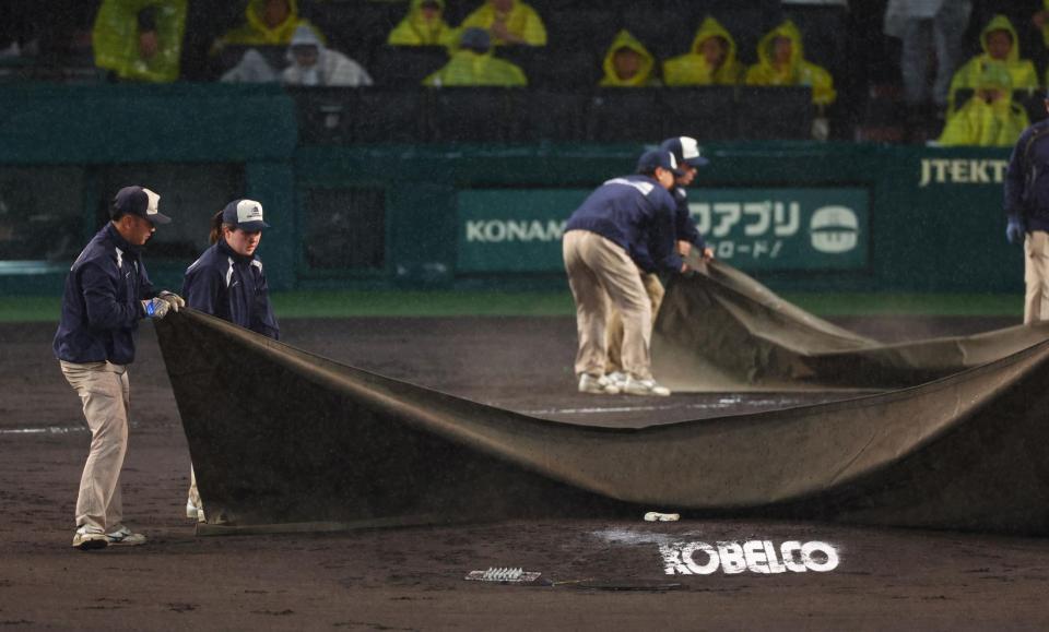 　雨が強くなり、グラウンドにシートが敷かれる（撮影・山口登）