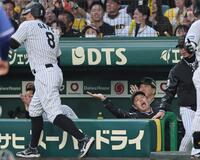 　２回、生還した佐藤輝を拍手して迎える藤川監督（右奥）＝撮影・田中太一