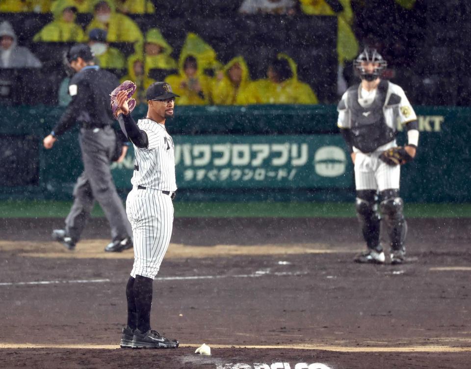 　試合再開へ向けマウンドに上がるが、再び雨が強くなり両手を上げるデュプランティエ（左）（撮影・山口登）