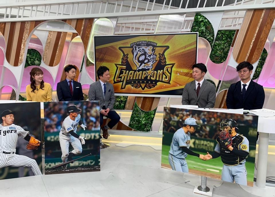 　ＮＨＫ「ほっと関西」に出演した（右から）坂本、石井（球団提供）