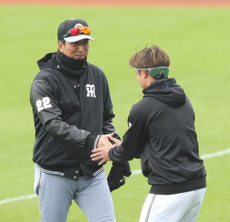 日本ハム・島本浩也（右）と握手する阪神・藤川球児監督＝エナジックスタジアム名護（撮影・西岡正）