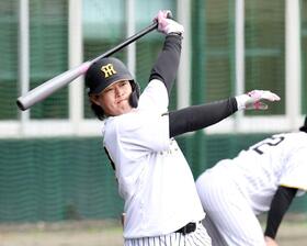 　ロングティーを放つ浜田（撮影・田中太一）