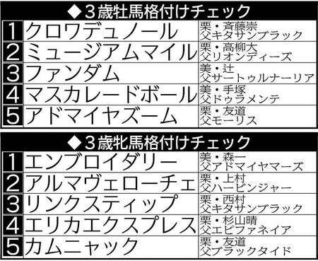 3歳牡馬、牝馬格付けチェック