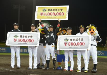 　最優秀選手賞１００万円のボードを手に会心の笑みを浮かべるロッテ・加藤（中央）。左から優秀選手賞のロッテ・木村、日本ハム・上沢。（右から）ソフトバンク・東浜、日本ハム・石川