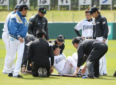 　ロッテとの練習試合の１回、一塁へ走った際に左足首を負傷し担架に乗せられる日本ハム・大野。左端手前は栗山監督＝名護