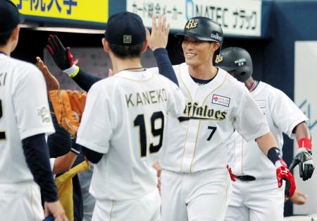 　１回、糸井は先制２ランを放ち、笑顔でナインに迎えられる（撮影・金田祐二）