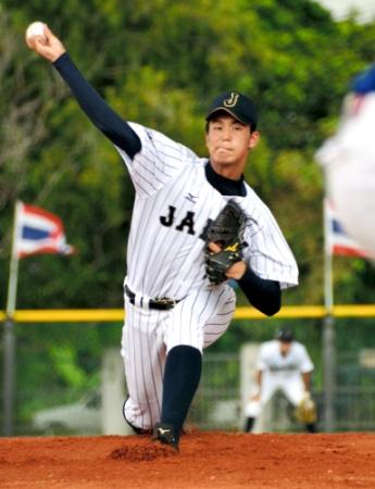 　５回２安打無失点、７奪三振の力投でチームの白星発進に貢献した高校日本代表・高橋
