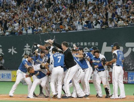 　10回、サヨナラ本塁打を放ちナインから手荒い祝福を受ける日本ハム・中田（左下）＝札幌ドーム