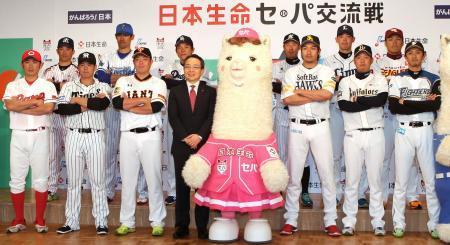 　セ、パ交流戦に向けた記者会見に出席した１２球団の選手ら。前列左からセ・リーグの広島・梵、阪神・梅野、巨人・高木勇、（後列左から）ヤクルト・雄平、ＤｅＮＡ・井納、中日・大島。右側前列左からパ・リーグのソフトバンク・柳田、オリックス・西、日本ハム・増井、（後列左から）ロッテ・岡田、西武・秋山、楽天・則本＝１１日、東京都内のホテル