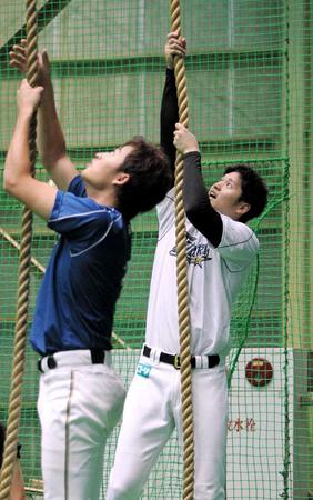 　室内練習場のロープに興味津々の大谷（右）＝撮影・保田叔久