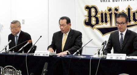 大阪市舞洲地区を新拠点とした移転計画を発表をする（左から）瀬戸山球団本部長、西名球団社長、湊専務取締役