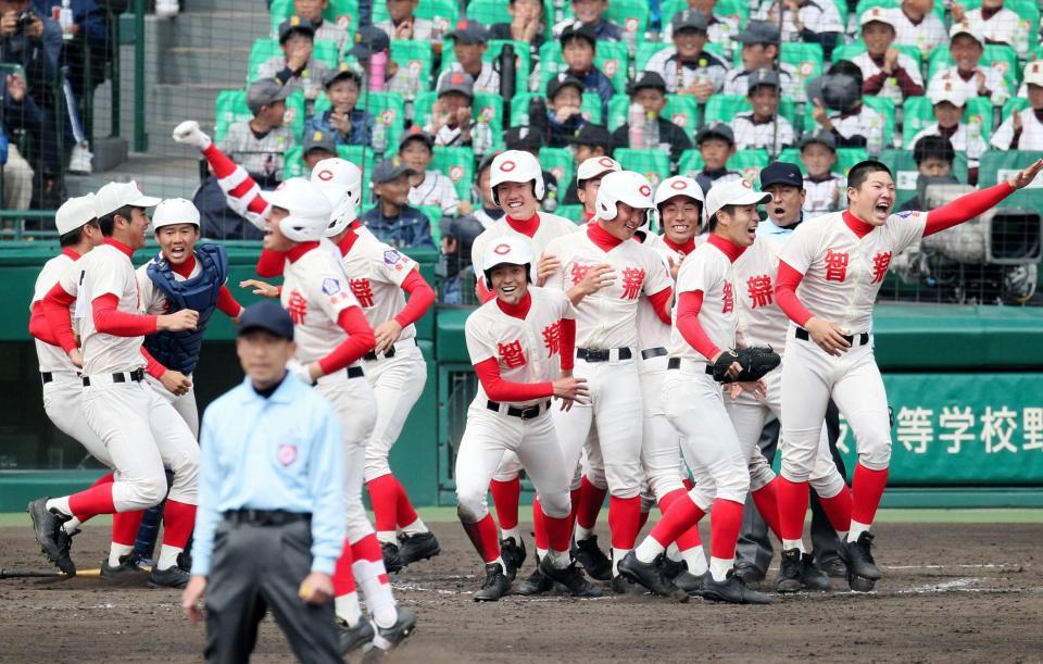 サヨナラ勝ちし、歓喜に沸く智弁学園ナイン＝甲子園（撮影・北村雅宏）