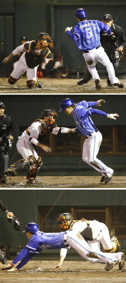 　６回ＤｅＮＡ１死一、三塁、戸柱の一ゴロで、三走倉本が捕手小林誠のタッチをかわし勝ち越しの生還、野選となる