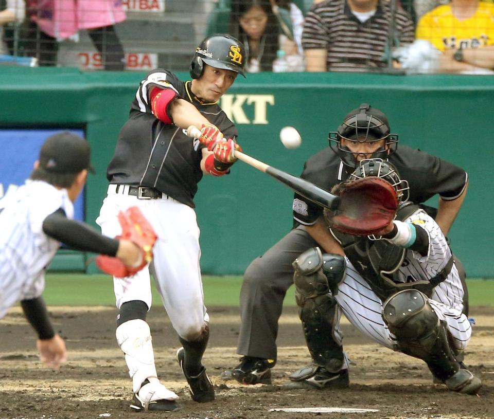 満塁弾を放つソフトバンク・城所＝甲子園（撮影・飯室逸平）