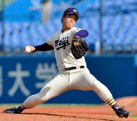 早大打線を相手に力投する明大・柳裕也＝神宮球場（撮影・西岡正）