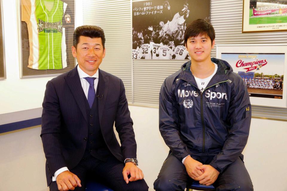 　「大谷翔平スペシャル～三浦大輔　魂の継承　Ｈｉｔｉｔ！Ｉｆｙｏｕｃａｎ．～」の収録で三浦氏（左）と対談した大谷（写真提供・竹中圭樹Ｄ－ＣＯＲＤ）