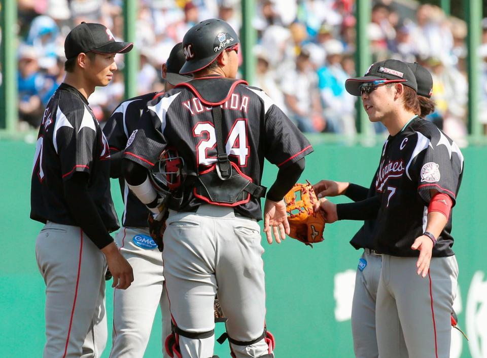 ７回、ピンチを迎えた唐川（左端）のもとに集まるロッテナイン＝帯広