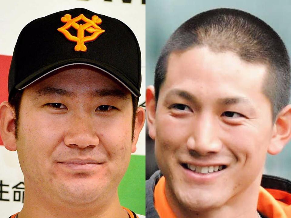 巨人の菅野智之投手（左）と小林誠司捕手