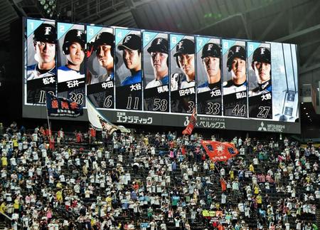 日本ハム・大谷の４番投手で先発出場が発表された＝札幌ドーム