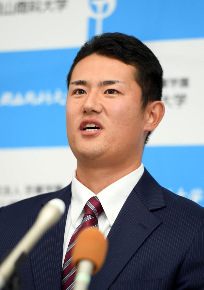 楽天に１位指名され心境を語る岡山商科大学・近藤弘樹