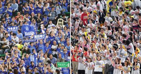 　プロ野球日本シリーズ第２戦の試合前に、盛り上がるＤｅＮＡファン（左）とソフトバンクファン＝２９日、福岡市のヤフオクドーム