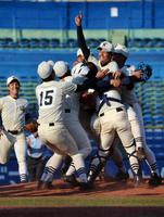 ７年ぶりの優勝を飾り、マウンドで歓喜の輪を作るリリーフの井上（右から２人目）ら日大三ナイン