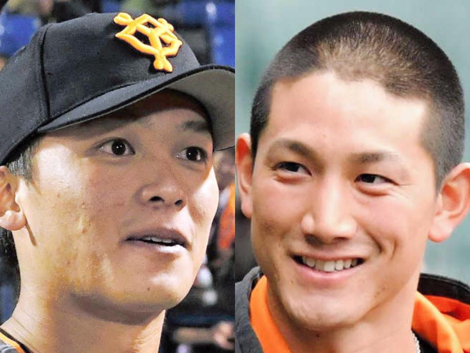 巨人の石川慎吾外野手（左）と小林誠司捕手