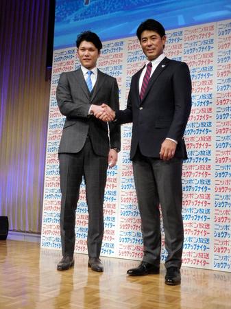 「ニッポン放送　ショウアップナイターＣＯＮＦＥＲＥＮＣＥ　２０１８」に出席した坂本勇（左）と侍ジャパン・稲葉監督