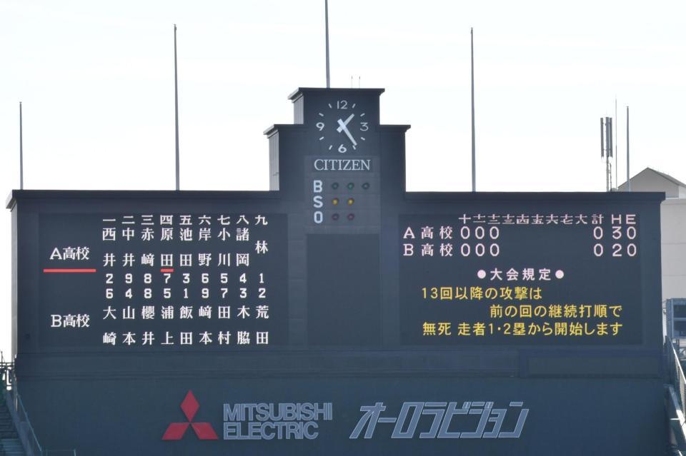 オーロラビジョンに延長に入った場合のタイブレークの説明が表示される＝甲子園（撮影・持木克友）