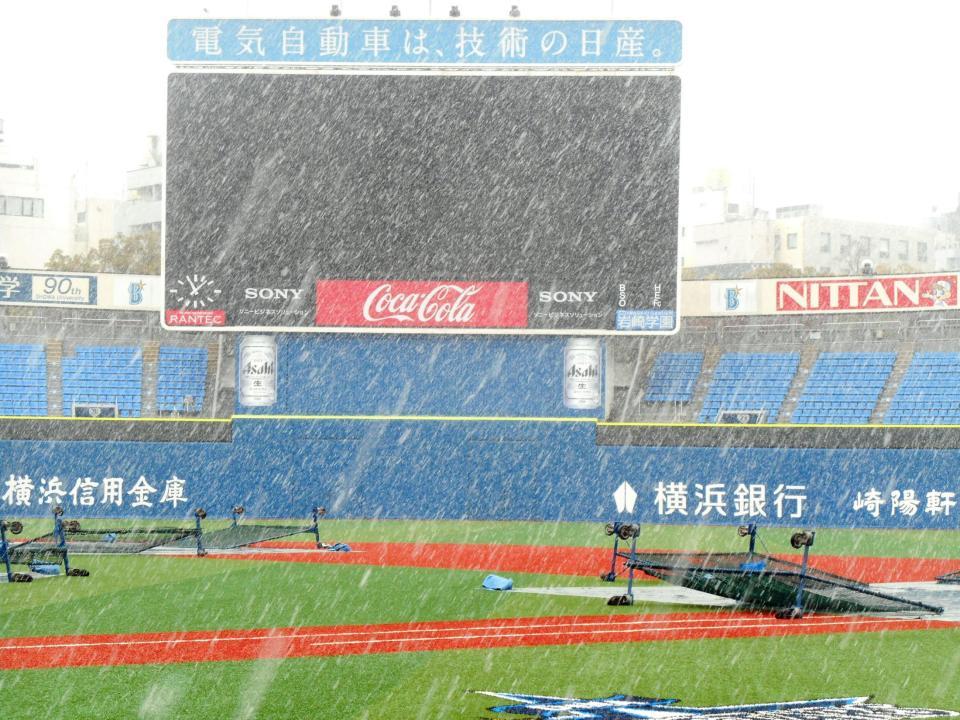 雪が降り注ぐ横浜スタジアム