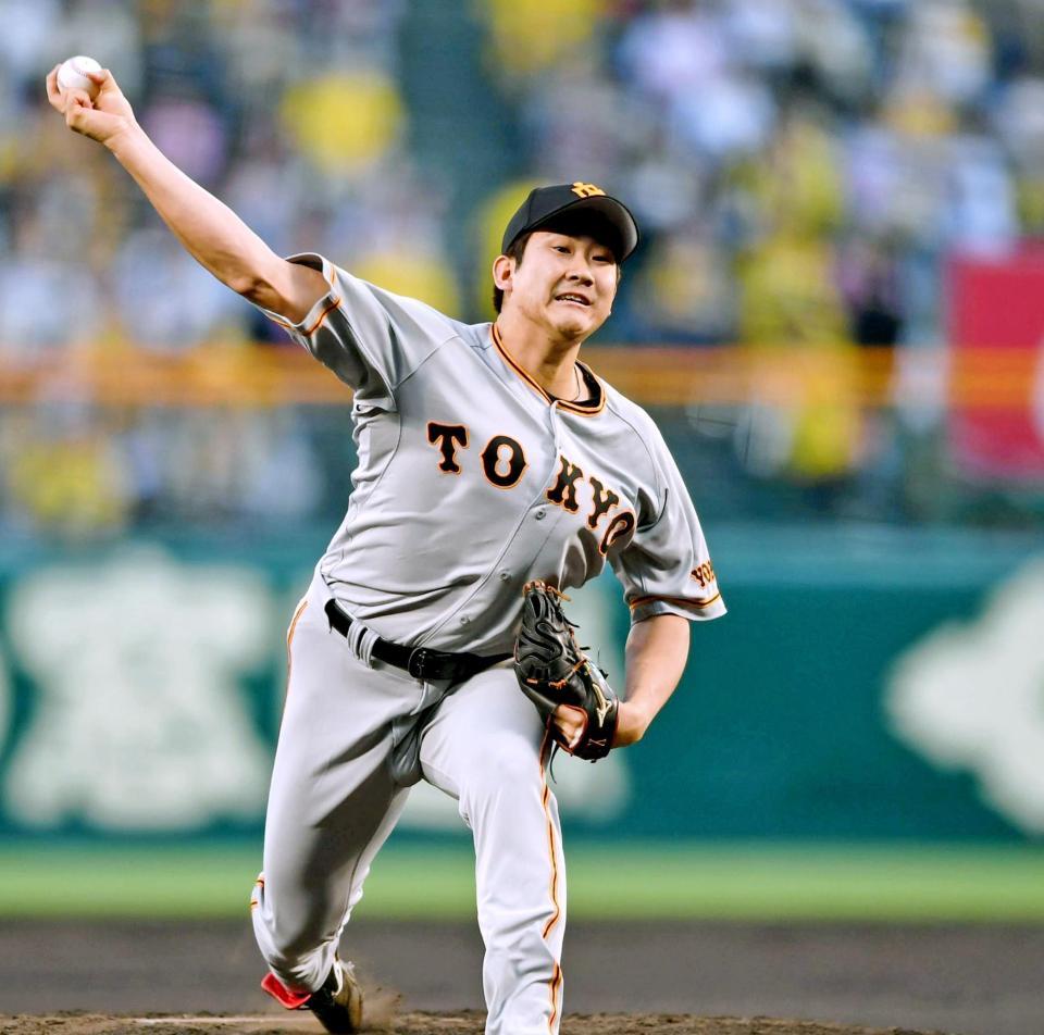 阪神打線を相手に力投する菅野（撮影・田中太一）