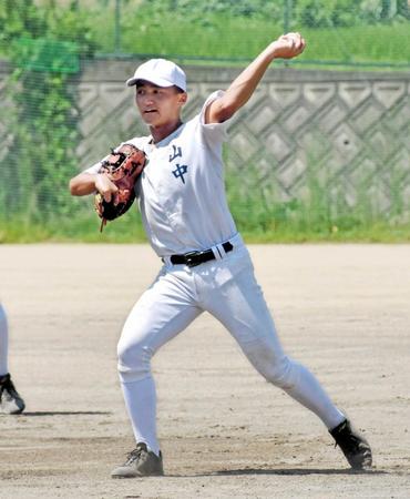 　グラブを右脇に抱え、返球する高知商・山中